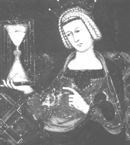 Fresco von Ambrosio Lorenzetti im Palazzo Publico in Sienna, Jahr 1338., (Repro aus >>Alte Uhren<< 1/1980, Callwey,>>Kurze Geschichte der Sanduhren<<, Charles K. Aked)